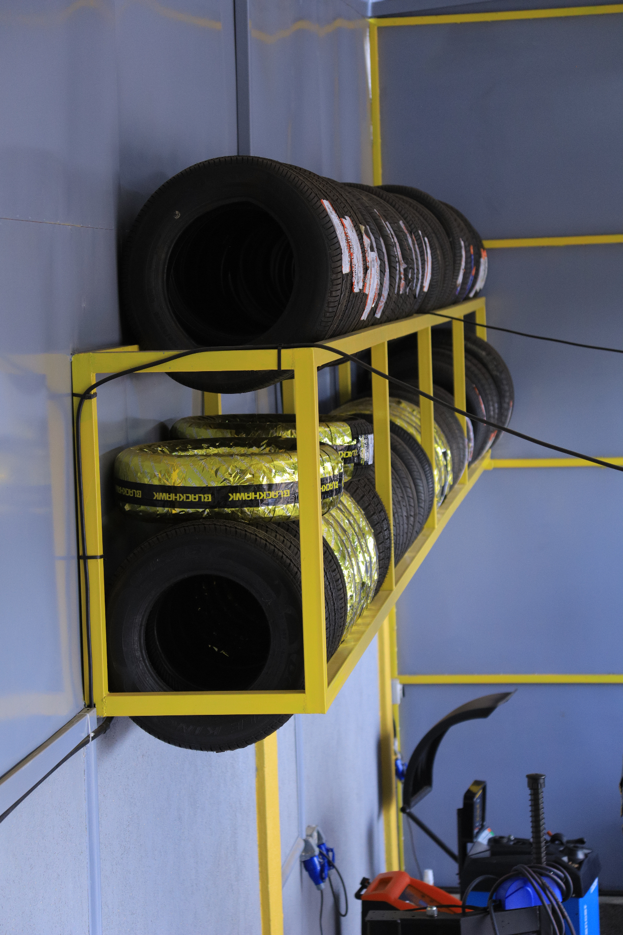 Premium tyre rack inside VELOCE workshop